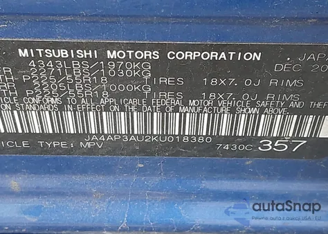 2019 Mitsubishi Outlander Sport 2.0 Es z USA, uszkodzony, nr VIN JA4AP3AU2KU018380